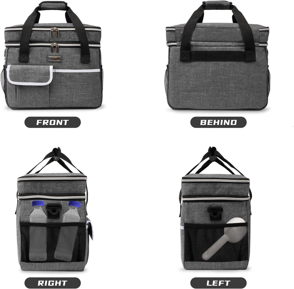 Dog Travel Bag for Supplies - Double-Layer Airline Approved Weekend Pet Travel Organizer Set for Dog and Cat Tote with 2 Pet Food Containers and 2 Collapsible Silicone Bowls Grey