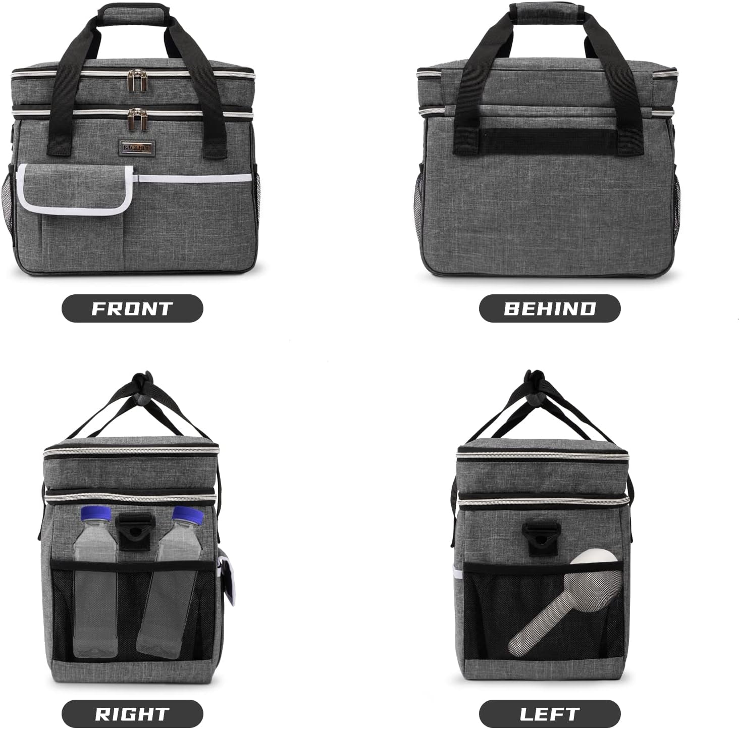 Dog Travel Bag for Supplies - Double-Layer Airline Approved Weekend Pet Travel Organizer Set for Dog and Cat Tote with 2 Pet Food Containers and 2 Collapsible Silicone Bowls Grey