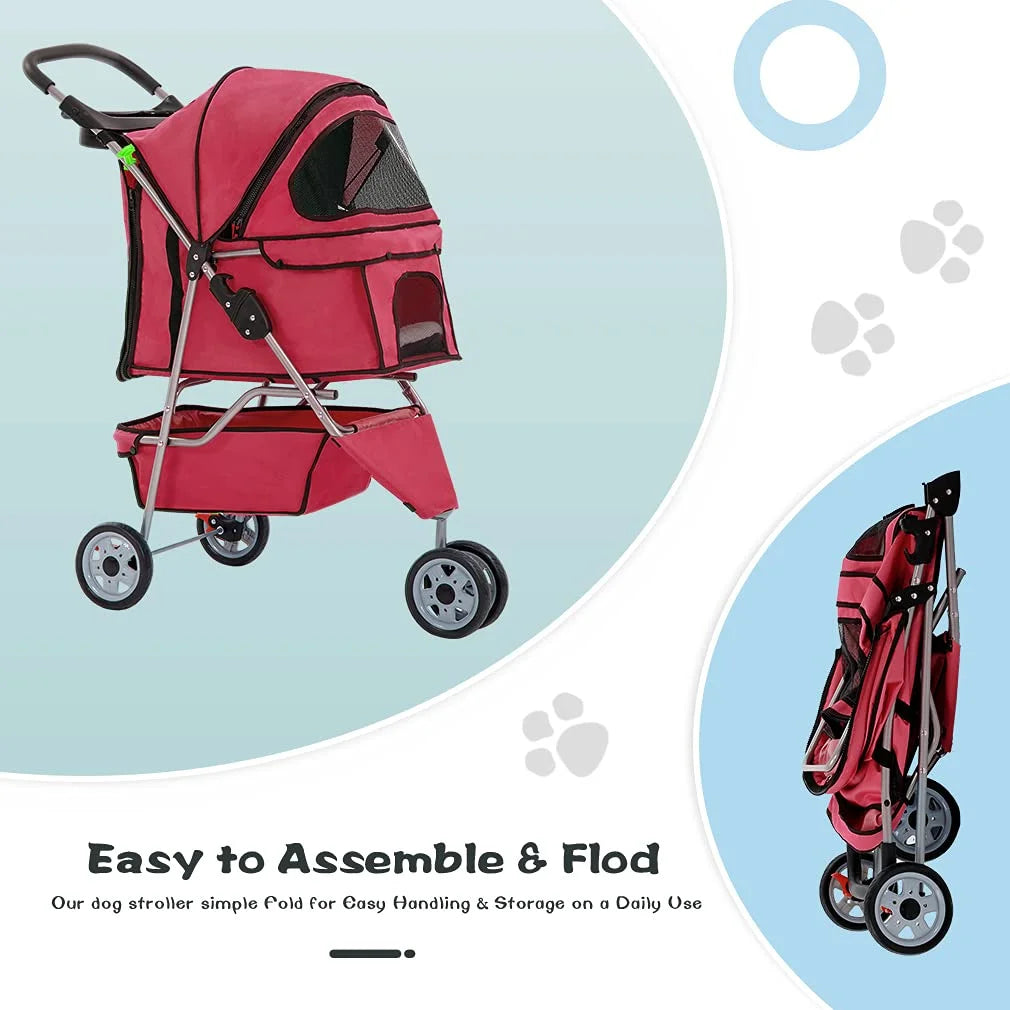 3 Wheel Collapsible Pet Stroller, Red