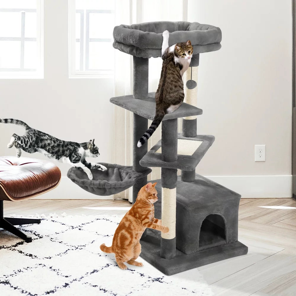 Cat Tree for Large Cats, Multi-Level Cat Tower with Sisal Covered Scratching Posts, Spacious Condo, Cozy Hammock and Plush Top Perch