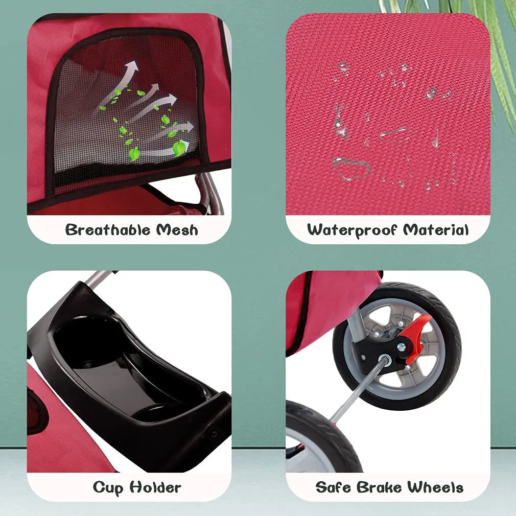 3 Wheel Collapsible Pet Stroller, Red