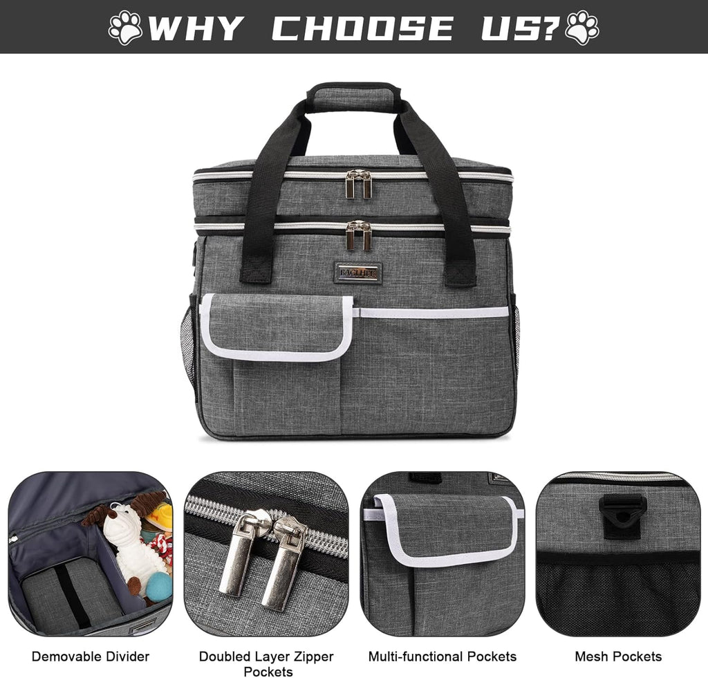 Dog Travel Bag for Supplies - Double-Layer Airline Approved Weekend Pet Travel Organizer Set for Dog and Cat Tote with 2 Pet Food Containers and 2 Collapsible Silicone Bowls Grey