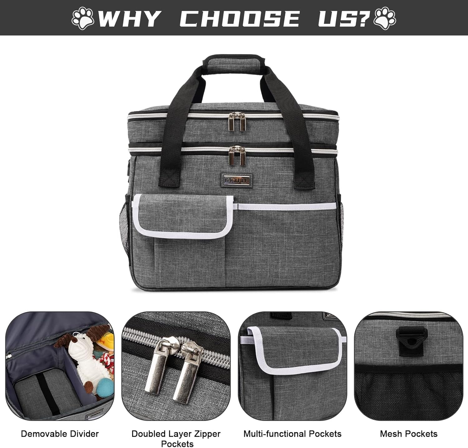 Dog Travel Bag for Supplies - Double-Layer Airline Approved Weekend Pet Travel Organizer Set for Dog and Cat Tote with 2 Pet Food Containers and 2 Collapsible Silicone Bowls Grey