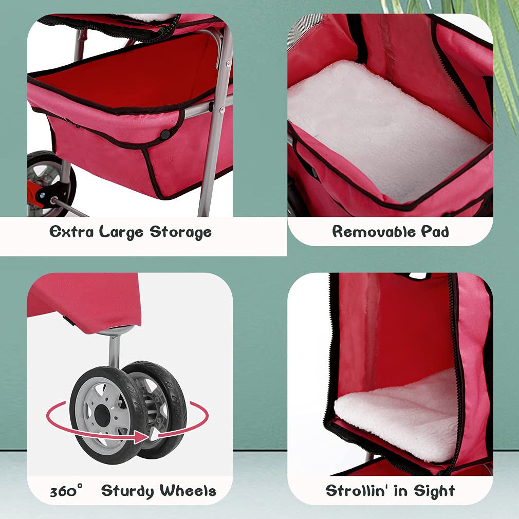 3 Wheel Collapsible Pet Stroller, Red