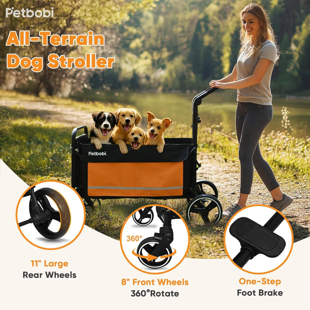 Dog Wagon Stroller for Large & Medium Dogs - 2-In-1 Push-Pull Pet Stroller with Ramp, Foldable All Terrain Wagon Cart, One-Step Brake, Suitable for Outdoor Walks & Camping, Orange