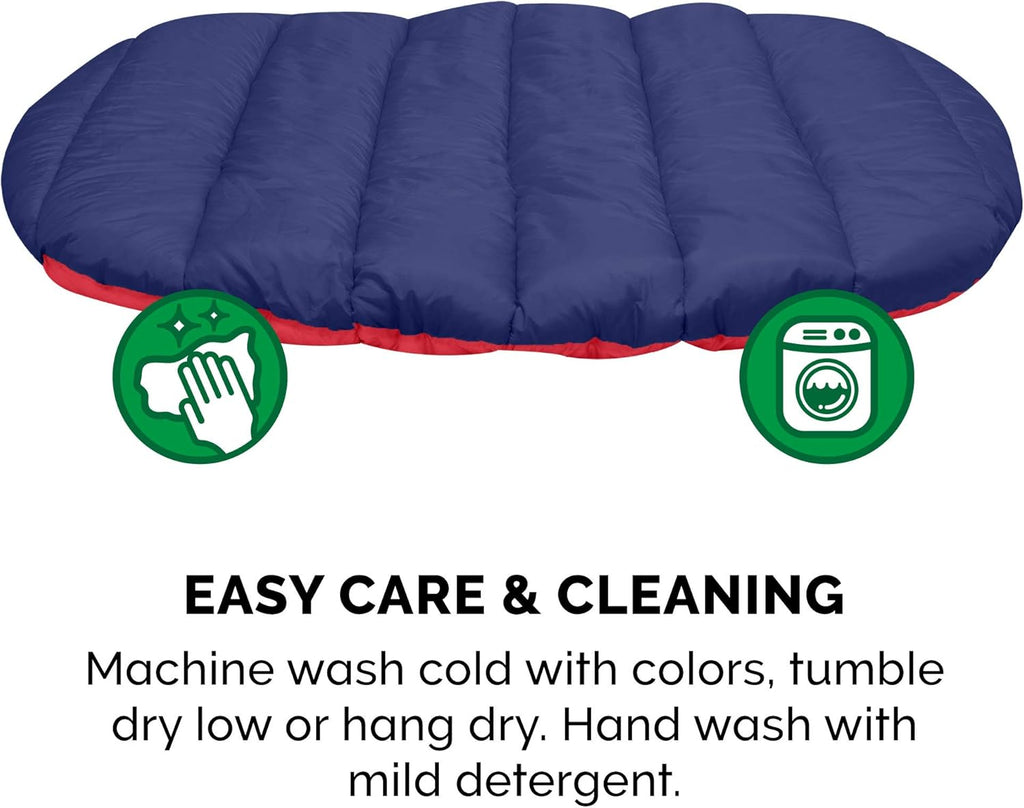 Outdoor Travel Dog Bed for Large/Medium Dogs W/ Carry Bag, Washable & Foldable, Great for Crates & Kennels - Trail Pup Travel Pillow Mat W/ Stuff Sack Bag - Flame Red/True Blue, Large
