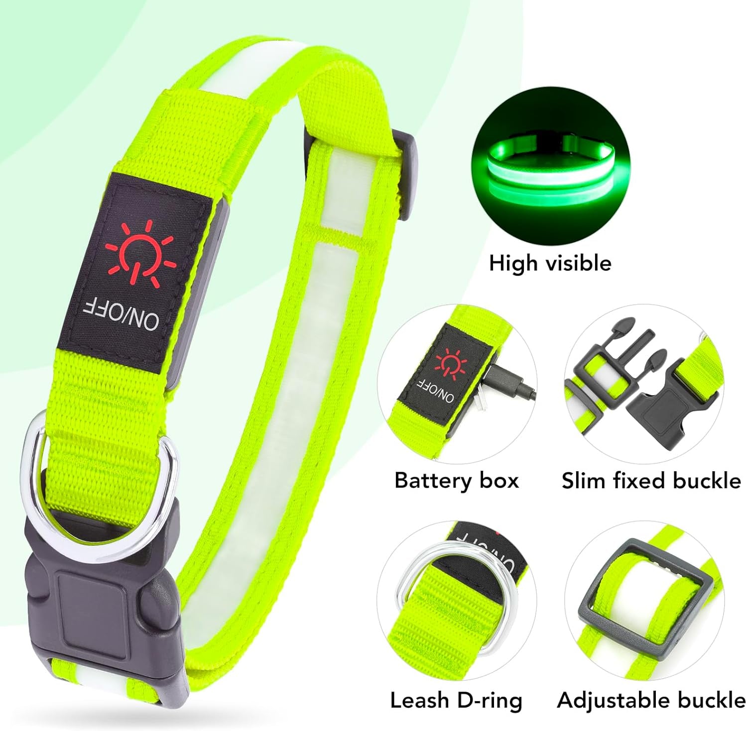 LED Dog Collar, Light up Dog Collar Adjustable USB Rechargeable Super Bright Safety Light Glowing Collars for Dogs(Medium,Green)