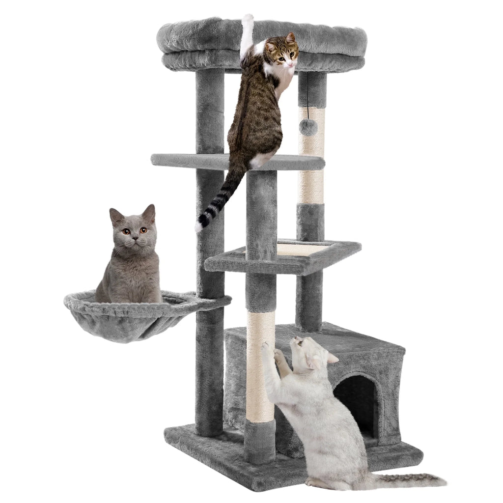Cat Tree for Large Cats, Multi-Level Cat Tower with Sisal Covered Scratching Posts, Spacious Condo, Cozy Hammock and Plush Top Perch