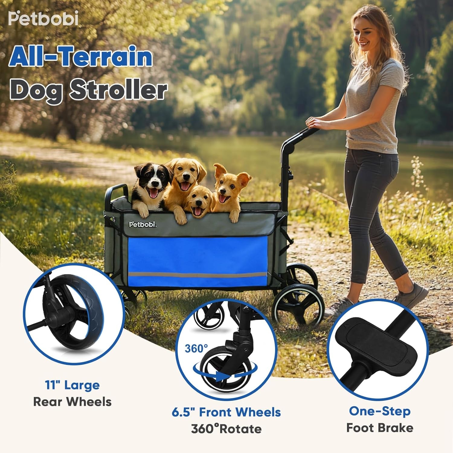 Dog Wagon Stroller for Large & Medium Dogs - 2-In-1 Push-Pull Pet Stroller with Ramp, Foldable All Terrain Wagon Cart, One-Step Brake, Suitable for Outdoor Walks & Camping, Blue