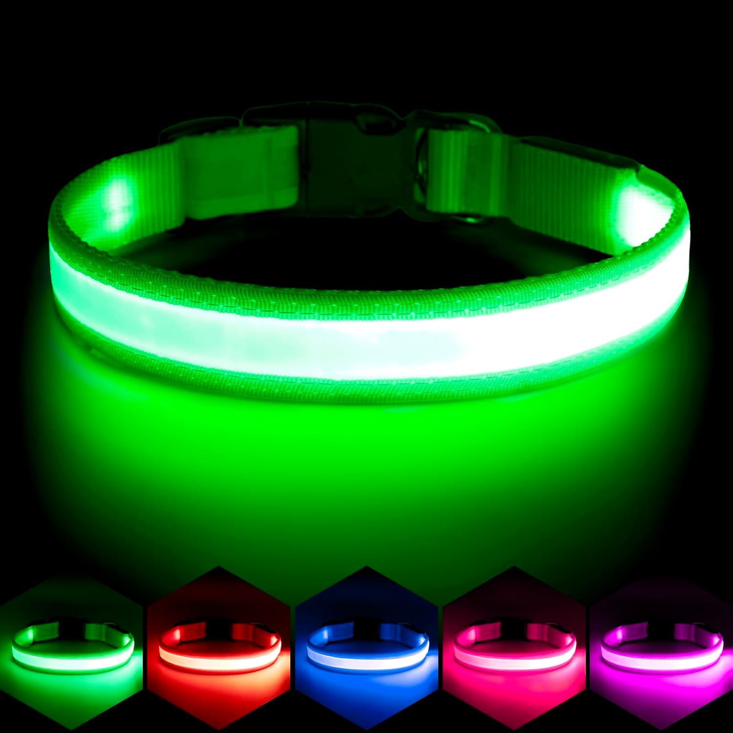 LED Dog Collar, Light up Dog Collar Adjustable USB Rechargeable Super Bright Safety Light Glowing Collars for Dogs(Medium,Green)
