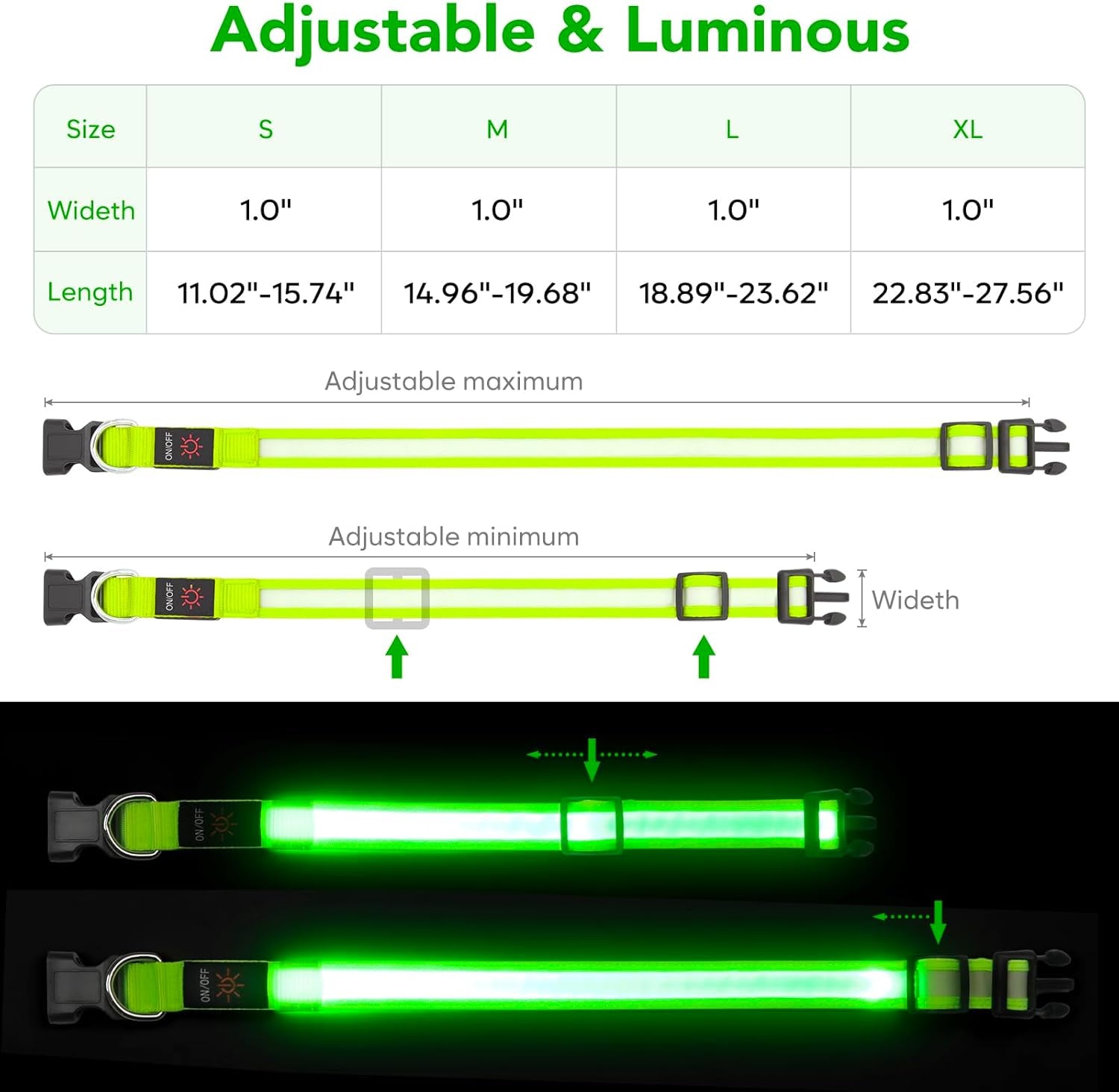 LED Dog Collar, Light up Dog Collar Adjustable USB Rechargeable Super Bright Safety Light Glowing Collars for Dogs(Medium,Green)