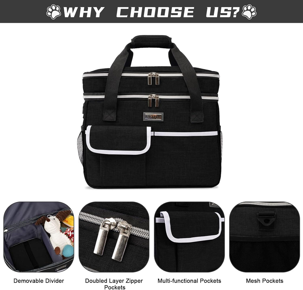 Dog Travel Bag for Supplies - Double-Layer Airline Approved Weekend Pet Travel Organizer Set for Dog and Cat Tote with 2 Pet Food Containers and 2 Collapsible Silicone Bowls Black