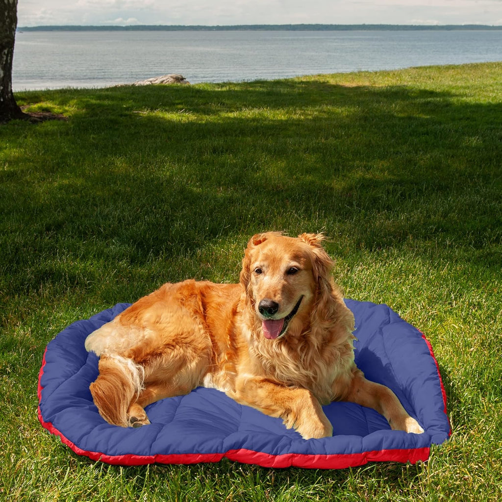 Outdoor Travel Dog Bed for Large/Medium Dogs W/ Carry Bag, Washable & Foldable, Great for Crates & Kennels - Trail Pup Travel Pillow Mat W/ Stuff Sack Bag - Flame Red/True Blue, Large