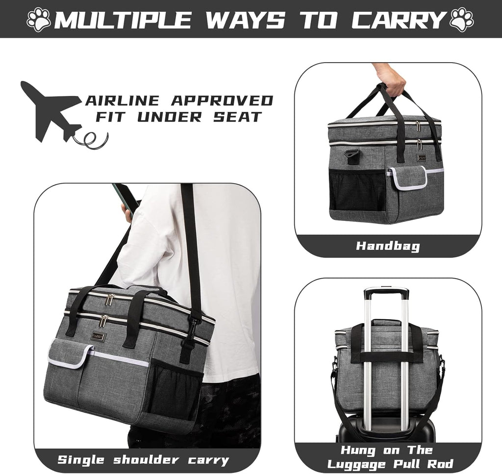 Dog Travel Bag for Supplies - Double-Layer Airline Approved Weekend Pet Travel Organizer Set for Dog and Cat Tote with 2 Pet Food Containers and 2 Collapsible Silicone Bowls Grey