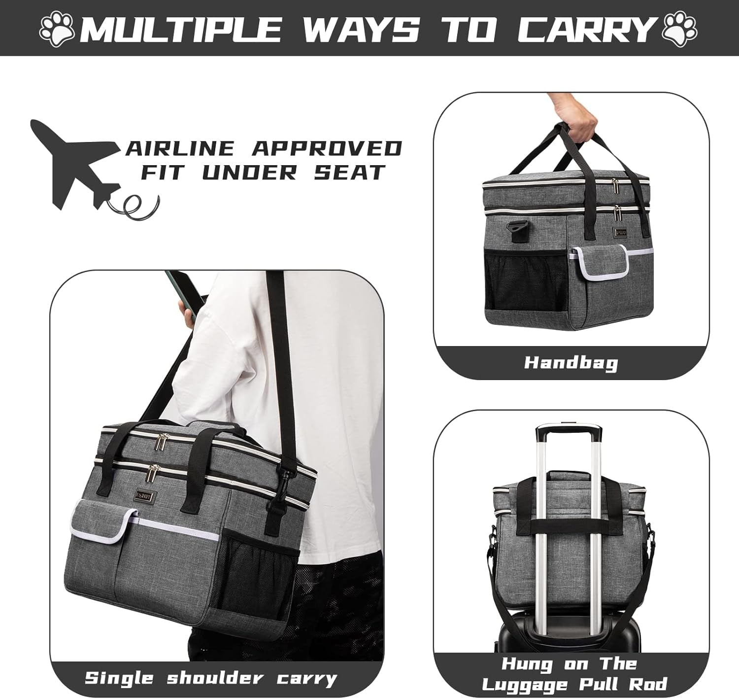 Dog Travel Bag for Supplies - Double-Layer Airline Approved Weekend Pet Travel Organizer Set for Dog and Cat Tote with 2 Pet Food Containers and 2 Collapsible Silicone Bowls Grey