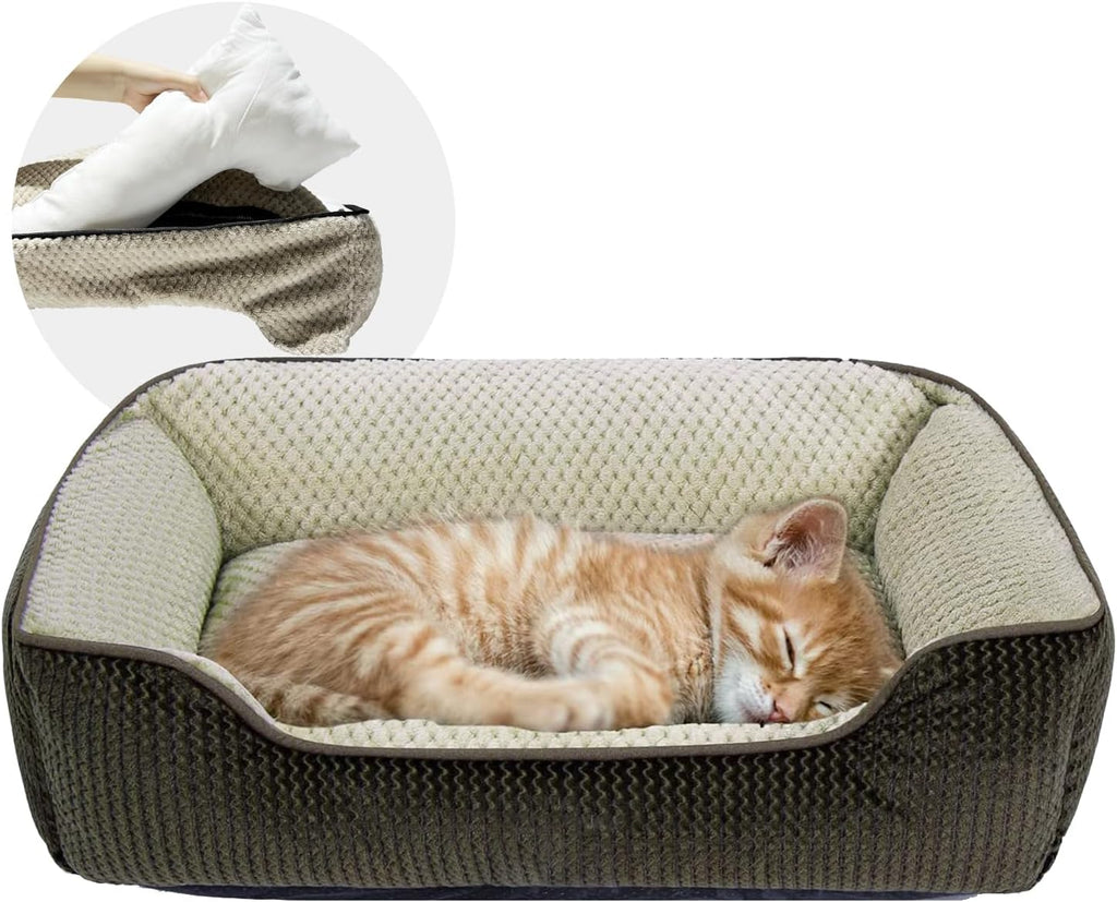 Cat Bed for Indoor Cats Washable Removable Cover - Small Pet Bed with Side Square Dog Bed Rectangle Soft Puppy Bed Bolster Cuddle Kitten Bed with Wall Slip-Resistant Bottom, Brown 20 Inch