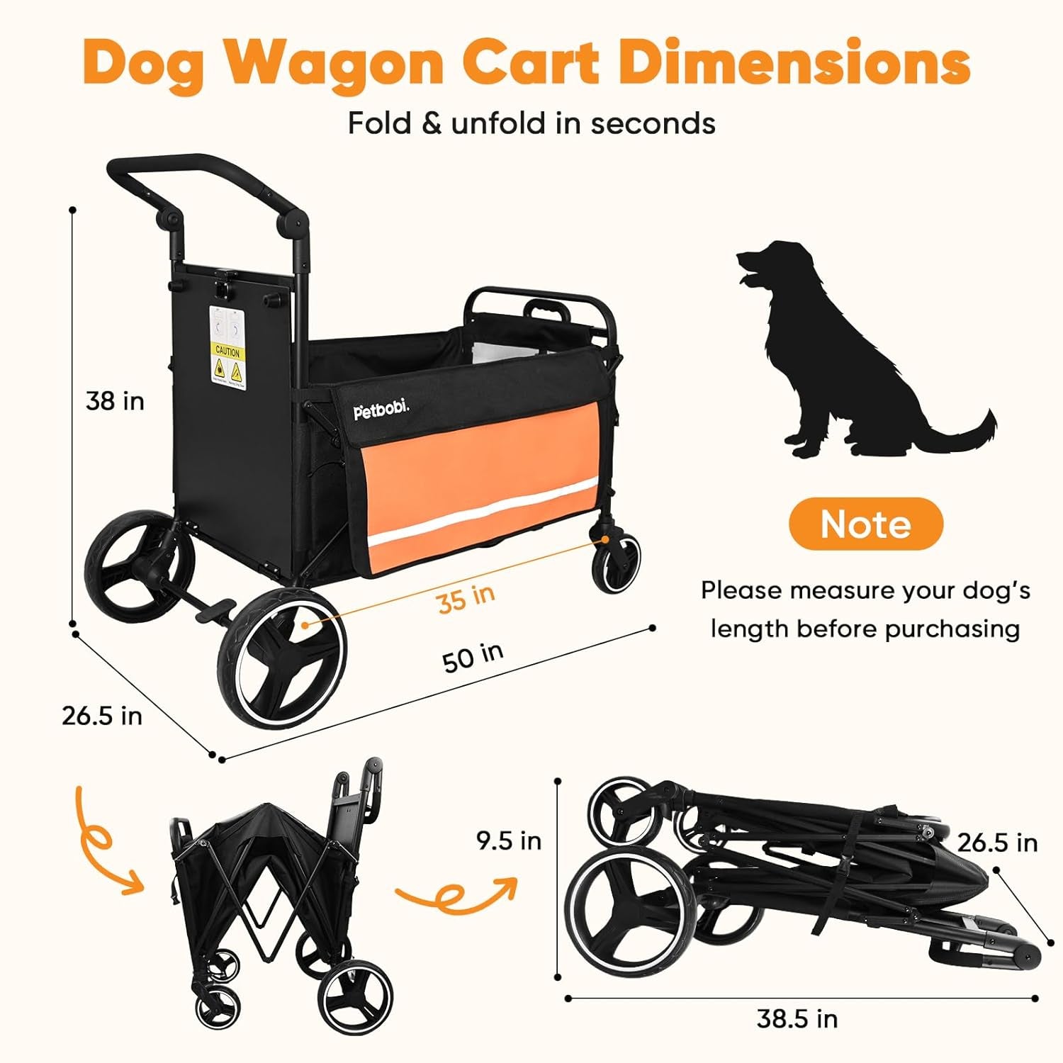 Dog Wagon Stroller for Large & Medium Dogs - 2-In-1 Push-Pull Pet Stroller with Ramp, Foldable All Terrain Wagon Cart, One-Step Brake, Suitable for Outdoor Walks & Camping, Orange