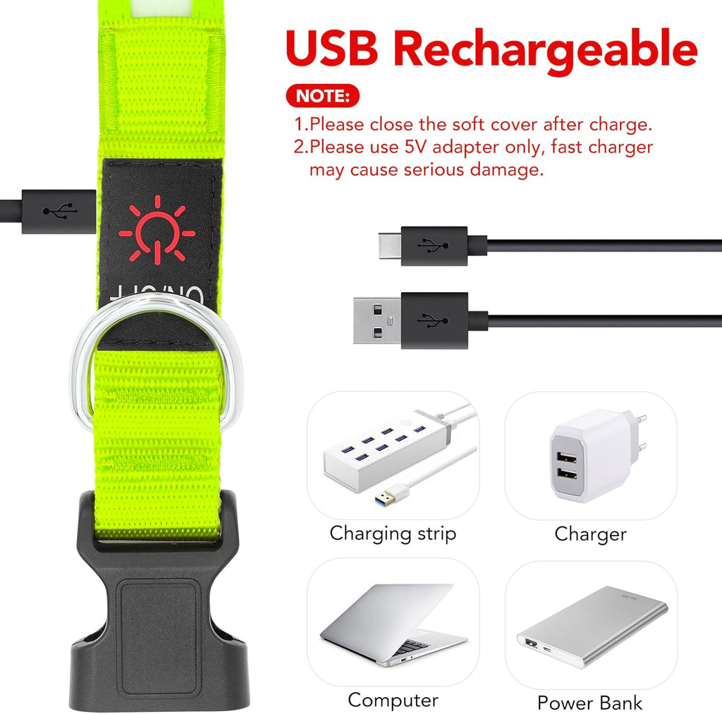 LED Dog Collar, Light up Dog Collar Adjustable USB Rechargeable Super Bright Safety Light Glowing Collars for Dogs(Medium,Green)