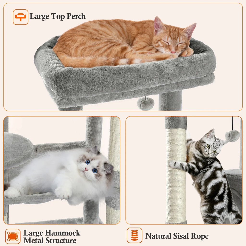 Cat Tree for Large Cats, Multi-Level Cat Tower with Sisal Covered Scratching Posts, Spacious Condo, Cozy Hammock and Plush Top Perch