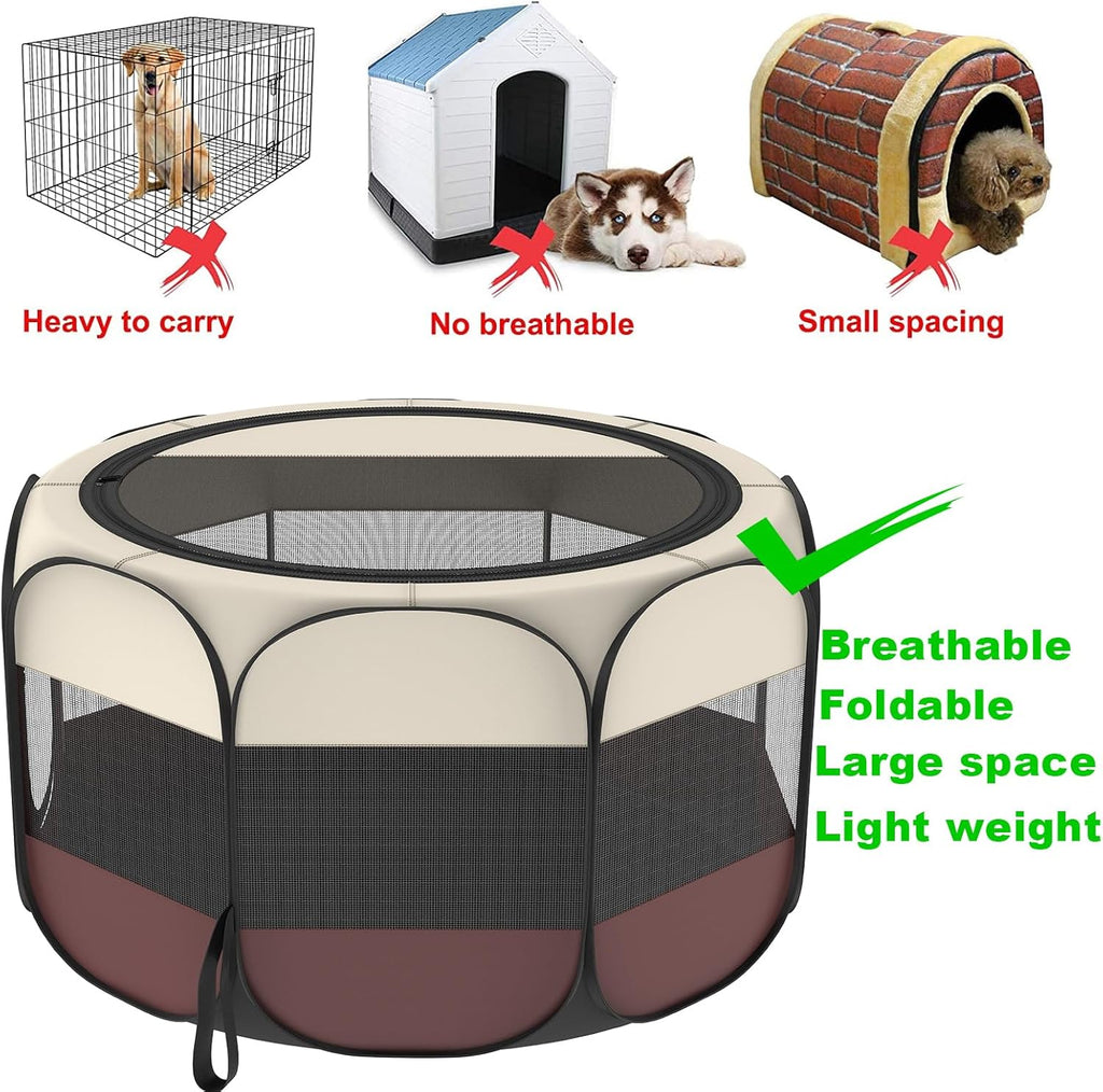 Portable Pet Playpen, 8-Panel Indoor/Outdoor Puppy Pen with Shade Cover & Travel Bag - Waterproof Dog Cat Tent Includes Collapsible Bowl