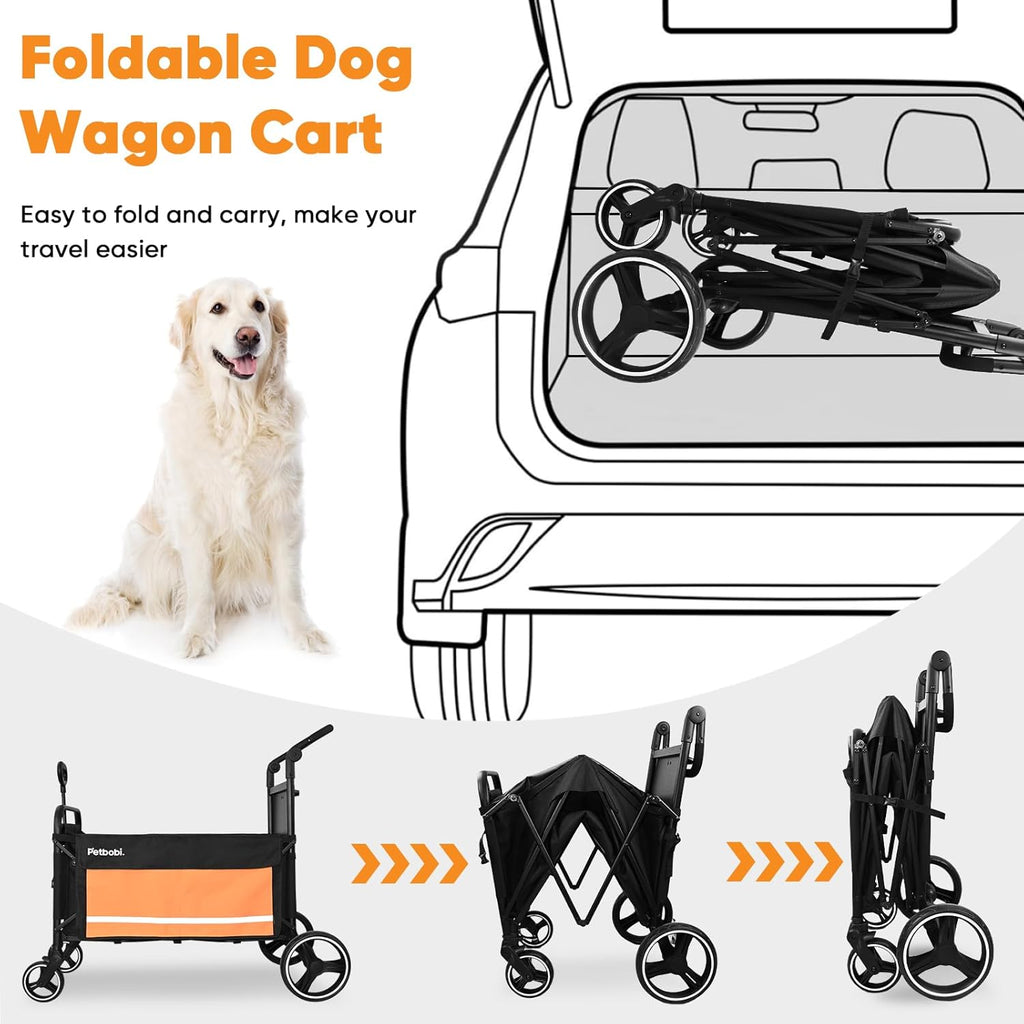 Dog Wagon Stroller for Large & Medium Dogs - 2-In-1 Push-Pull Pet Stroller with Ramp, Foldable All Terrain Wagon Cart, One-Step Brake, Suitable for Outdoor Walks & Camping, Orange