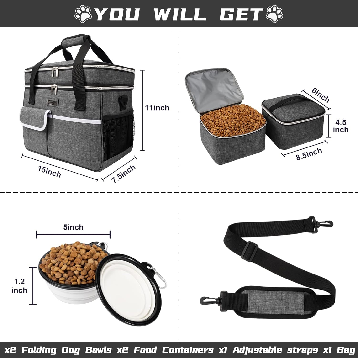 Dog Travel Bag for Supplies - Double-Layer Airline Approved Weekend Pet Travel Organizer Set for Dog and Cat Tote with 2 Pet Food Containers and 2 Collapsible Silicone Bowls Grey