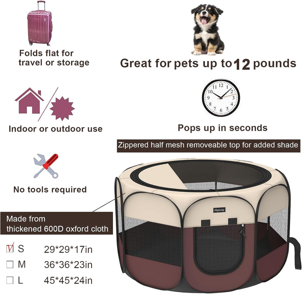 Portable Pet Playpen, 8-Panel Indoor/Outdoor Puppy Pen with Shade Cover & Travel Bag - Waterproof Dog Cat Tent Includes Collapsible Bowl