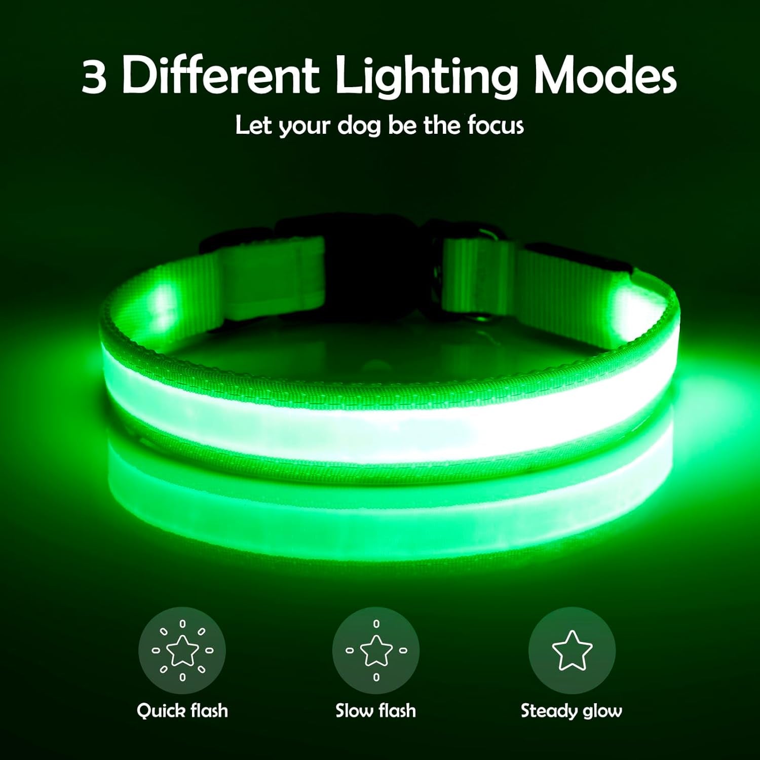 LED Dog Collar, Light up Dog Collar Adjustable USB Rechargeable Super Bright Safety Light Glowing Collars for Dogs(Medium,Green)