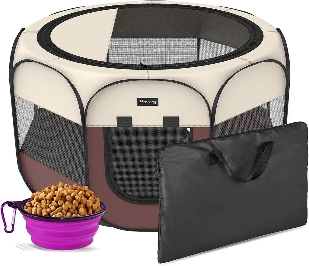 Portable Pet Playpen, 8-Panel Indoor/Outdoor Puppy Pen with Shade Cover & Travel Bag - Waterproof Dog Cat Tent Includes Collapsible Bowl