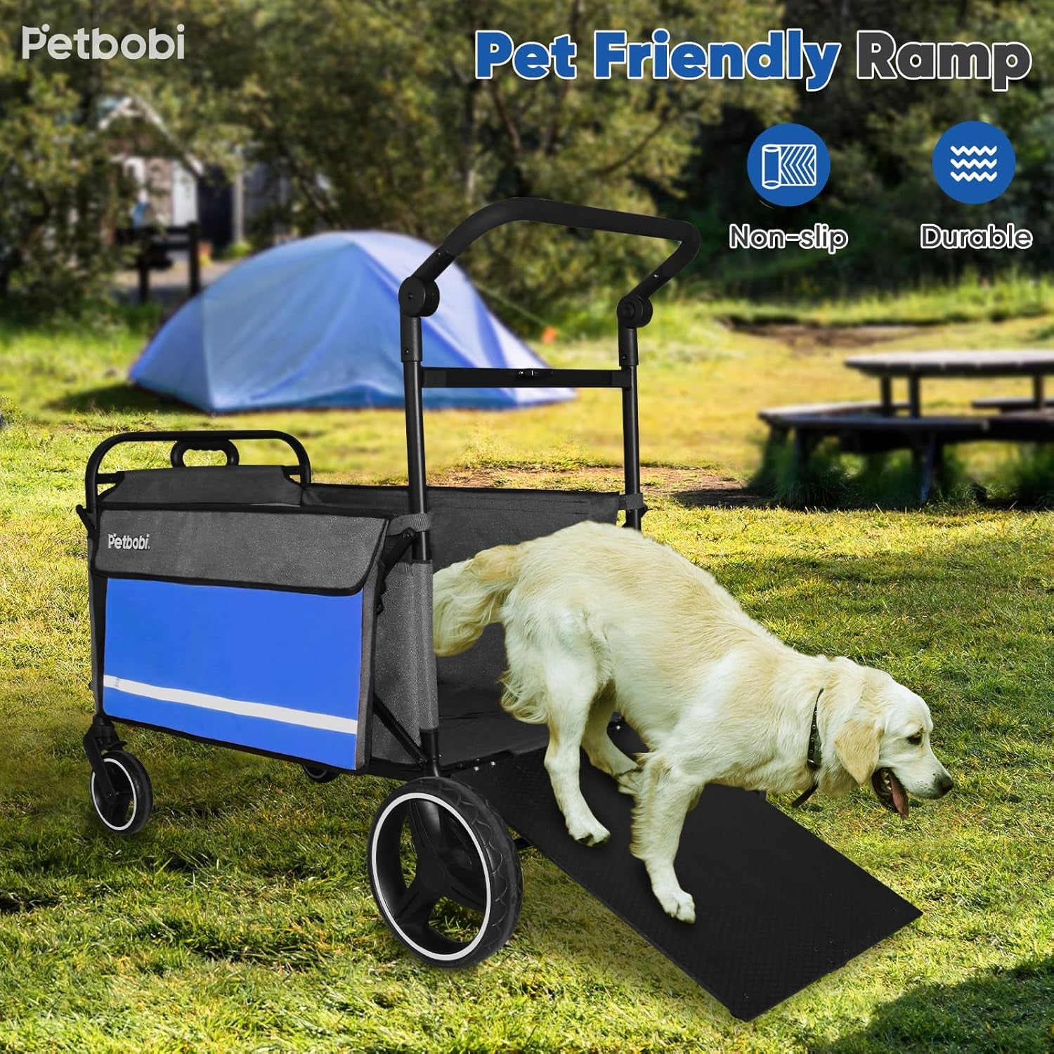 Dog Wagon Stroller for Large & Medium Dogs - 2-In-1 Push-Pull Pet Stroller with Ramp, Foldable All Terrain Wagon Cart, One-Step Brake, Suitable for Outdoor Walks & Camping, Blue