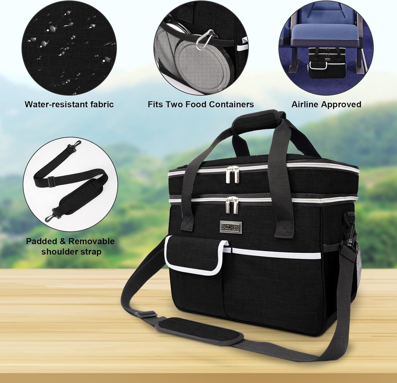 Dog Travel Bag for Supplies - Double-Layer Airline Approved Weekend Pet Travel Organizer Set for Dog and Cat Tote with 2 Pet Food Containers and 2 Collapsible Silicone Bowls Black