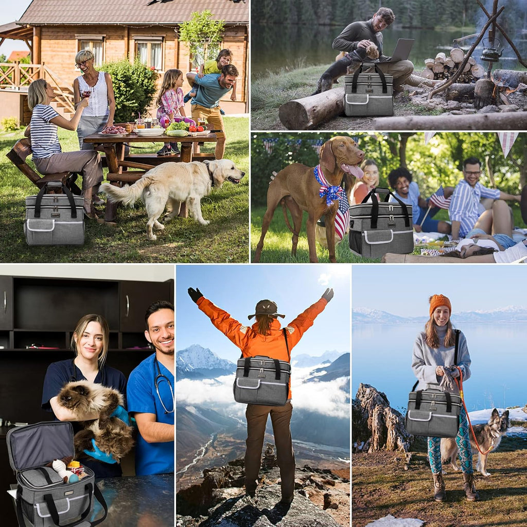 Dog Travel Bag for Supplies - Double-Layer Airline Approved Weekend Pet Travel Organizer Set for Dog and Cat Tote with 2 Pet Food Containers and 2 Collapsible Silicone Bowls Grey