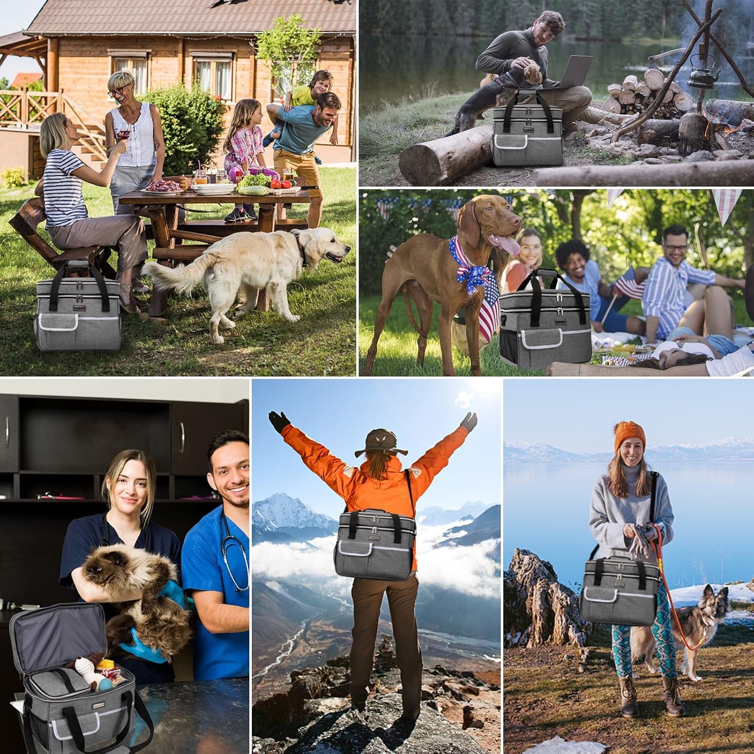 Dog Travel Bag for Supplies - Double-Layer Airline Approved Weekend Pet Travel Organizer Set for Dog and Cat Tote with 2 Pet Food Containers and 2 Collapsible Silicone Bowls Grey