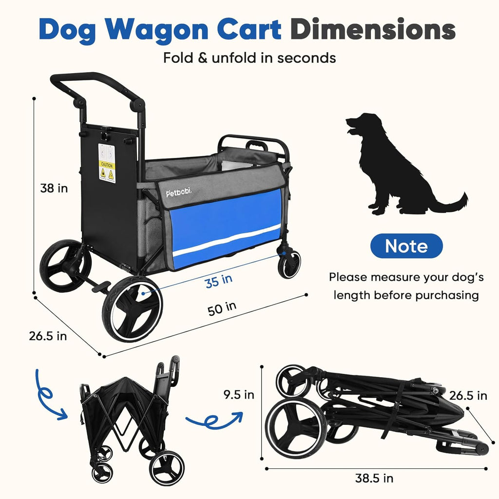 Dog Wagon Stroller for Large & Medium Dogs - 2-In-1 Push-Pull Pet Stroller with Ramp, Foldable All Terrain Wagon Cart, One-Step Brake, Suitable for Outdoor Walks & Camping, Blue