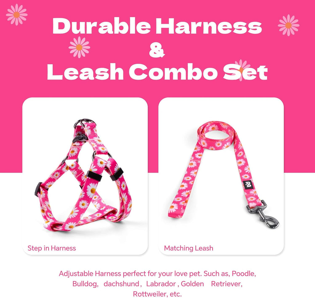 Dog Harness Leash Set Adjustable Heavy Duty No Pull Halter Harnesses for Small Medium Large Breed Dogs Back Clip Anti-Twist Perfect for Walking (S(14"-20" Chest Girth), Daisy)