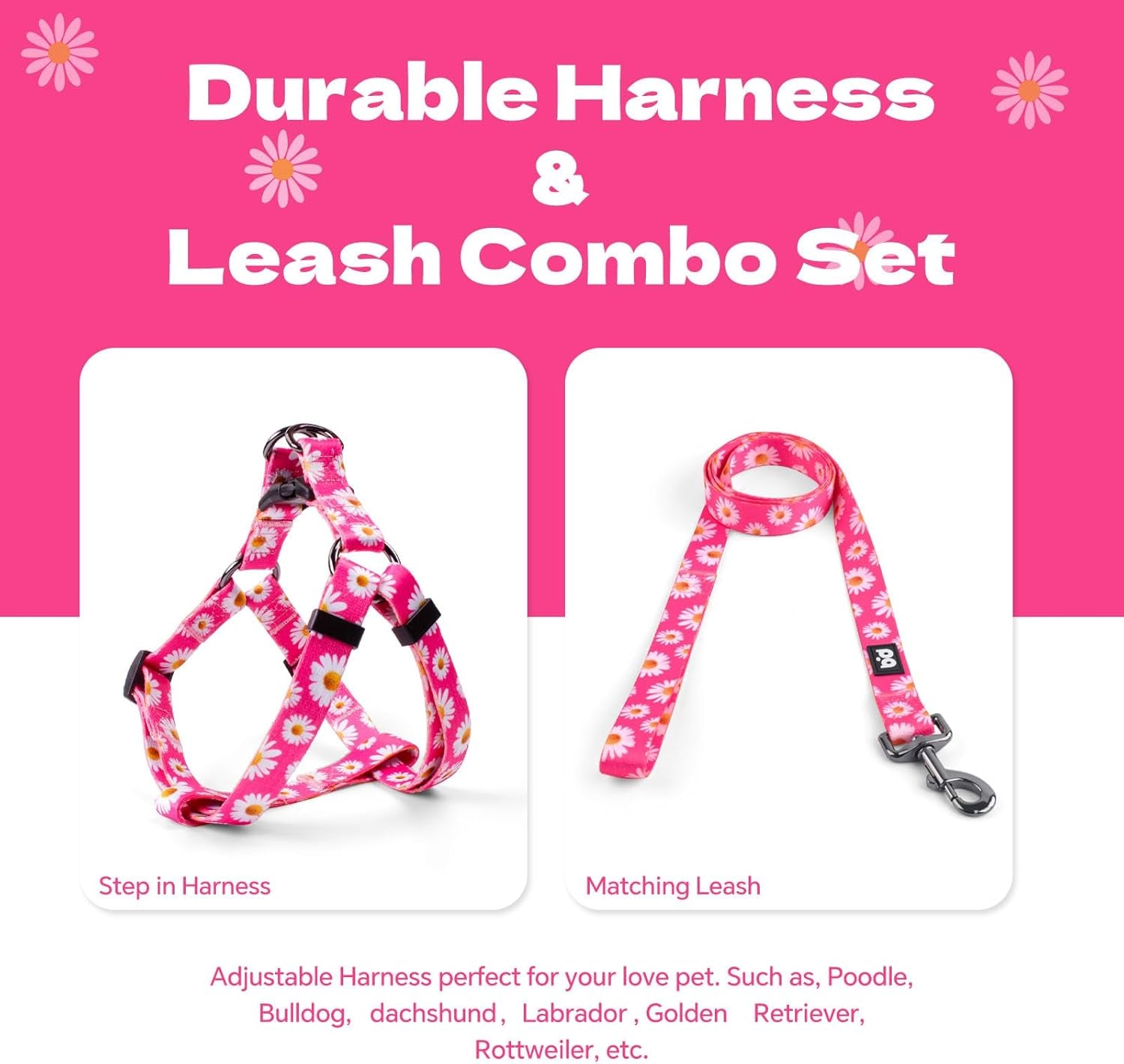 Dog Harness Leash Set Adjustable Heavy Duty No Pull Halter Harnesses for Small Medium Large Breed Dogs Back Clip Anti-Twist Perfect for Walking (S(14"-20" Chest Girth), Daisy)