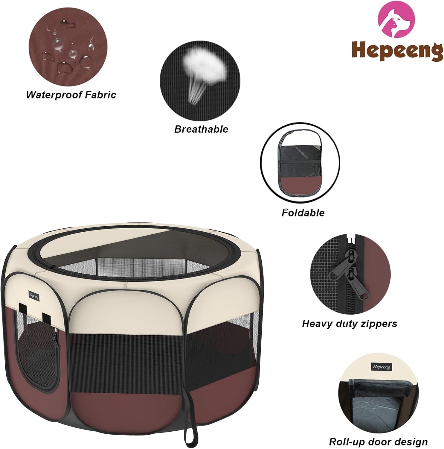 Portable Pet Playpen, 8-Panel Indoor/Outdoor Puppy Pen with Shade Cover & Travel Bag - Waterproof Dog Cat Tent Includes Collapsible Bowl