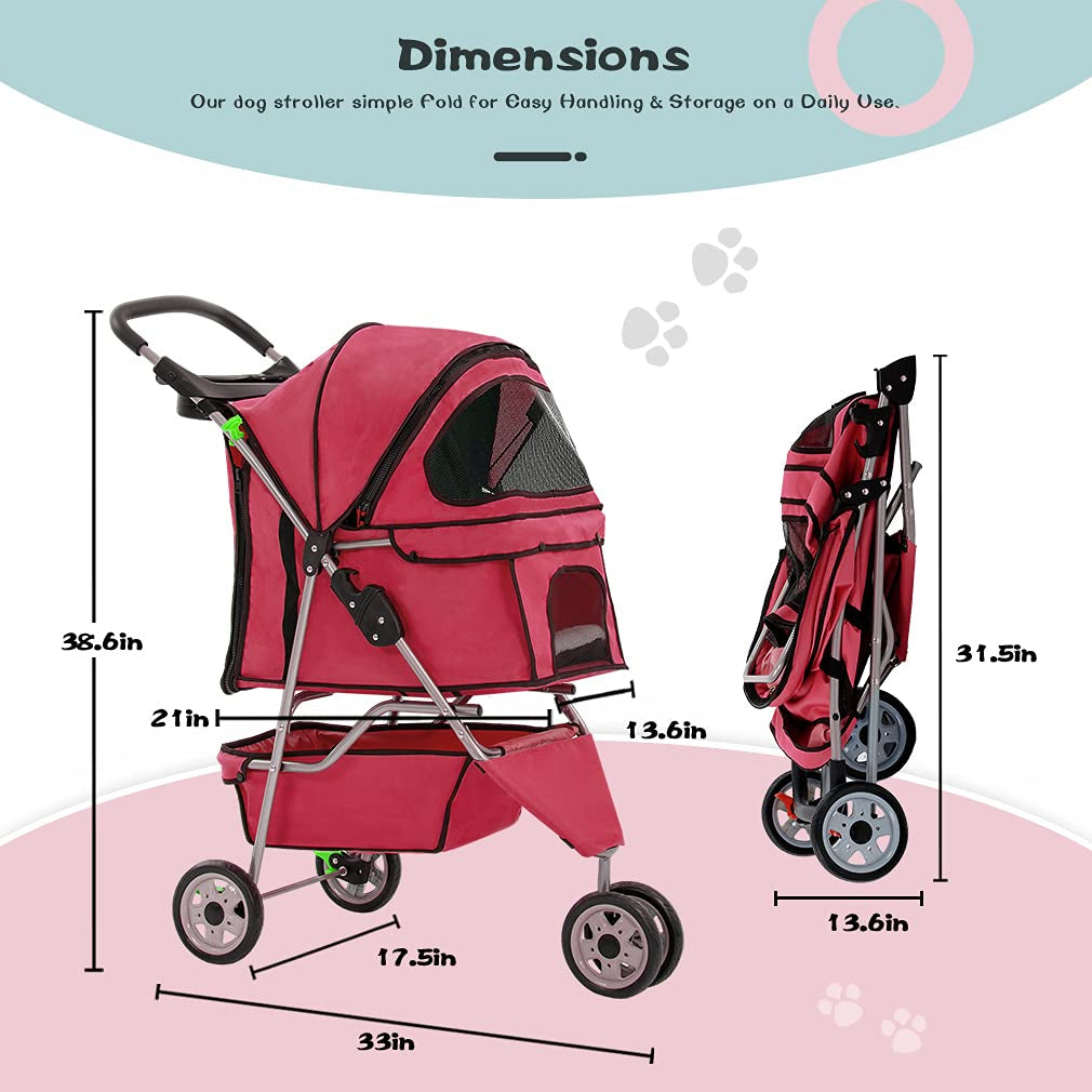 3 Wheel Collapsible Pet Stroller, Red