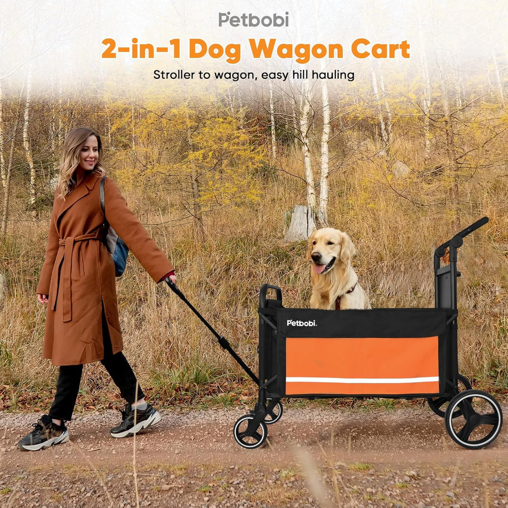 Dog Wagon Stroller for Large & Medium Dogs - 2-In-1 Push-Pull Pet Stroller with Ramp, Foldable All Terrain Wagon Cart, One-Step Brake, Suitable for Outdoor Walks & Camping, Orange