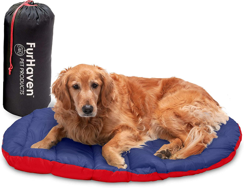Outdoor Travel Dog Bed for Large/Medium Dogs W/ Carry Bag, Washable & Foldable, Great for Crates & Kennels - Trail Pup Travel Pillow Mat W/ Stuff Sack Bag - Flame Red/True Blue, Large