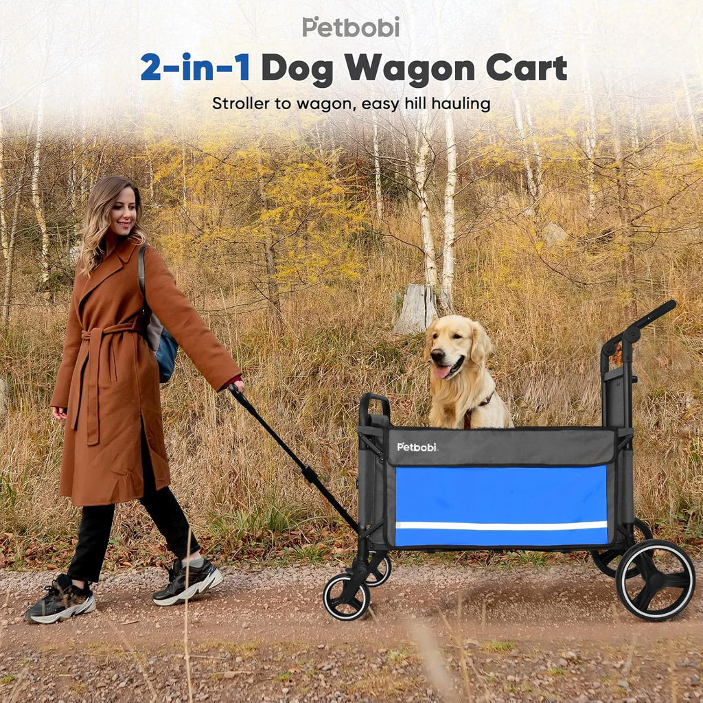 Dog Wagon Stroller for Large & Medium Dogs - 2-In-1 Push-Pull Pet Stroller with Ramp, Foldable All Terrain Wagon Cart, One-Step Brake, Suitable for Outdoor Walks & Camping, Blue