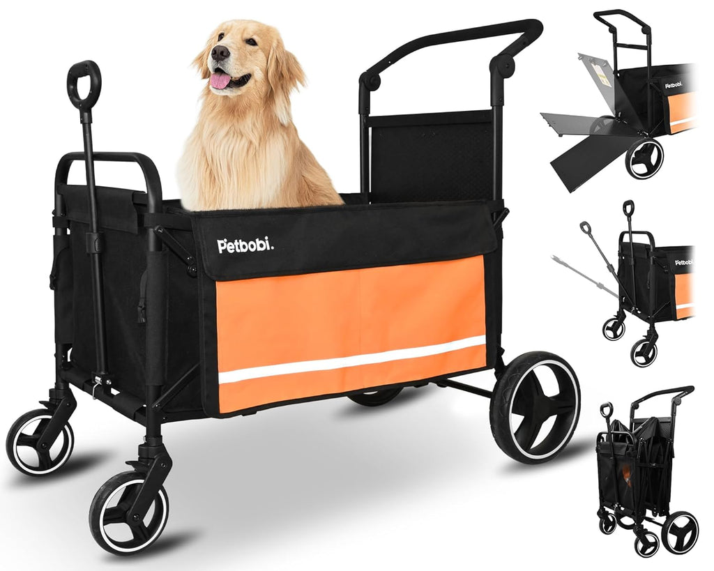 Dog Wagon Stroller for Large & Medium Dogs - 2-In-1 Push-Pull Pet Stroller with Ramp, Foldable All Terrain Wagon Cart, One-Step Brake, Suitable for Outdoor Walks & Camping, Orange